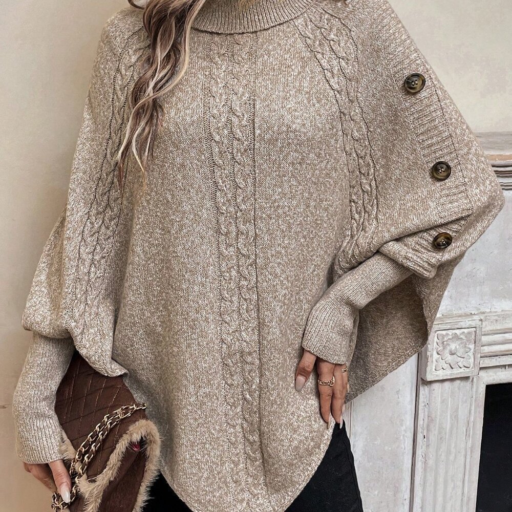 Khaki Casual Women's Turtleneck Batwing Sleeve Button Detail Poncho Sweater top